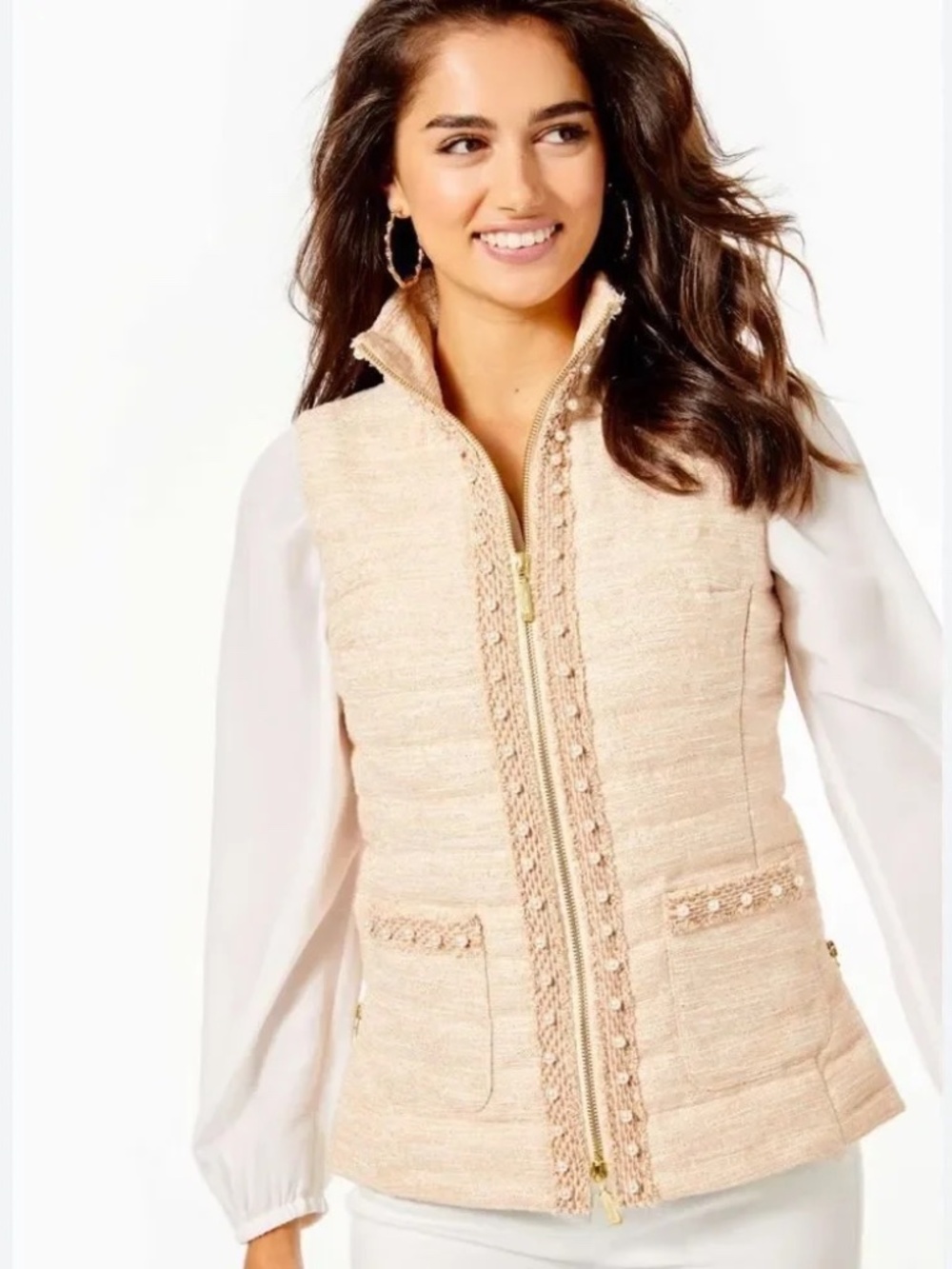Lilly Pulitzer Noella Pearl Trim Down Puffer Vest Resort Bouclé Gold M